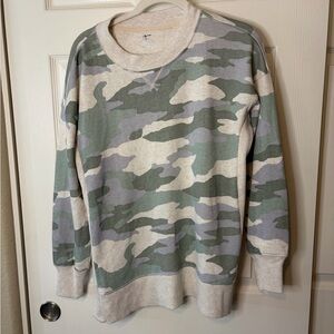 Women’s Aerie Oatmeal & Olive Camo L/S Side Slit Cotton Blend Sweatshirt XS